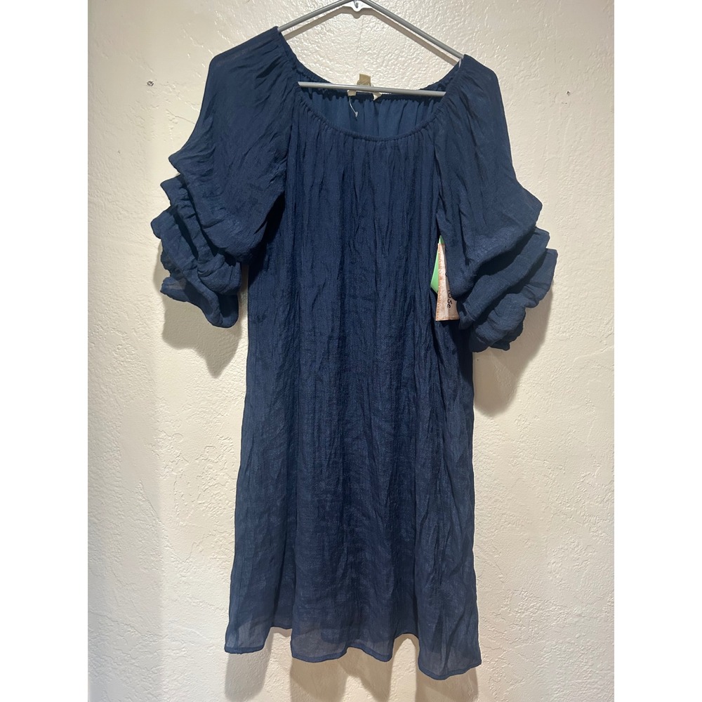 Indigo Rose Navy Blue Crinkle Mini Dress Ruffle Tiered Sleeve Petite Large NWT